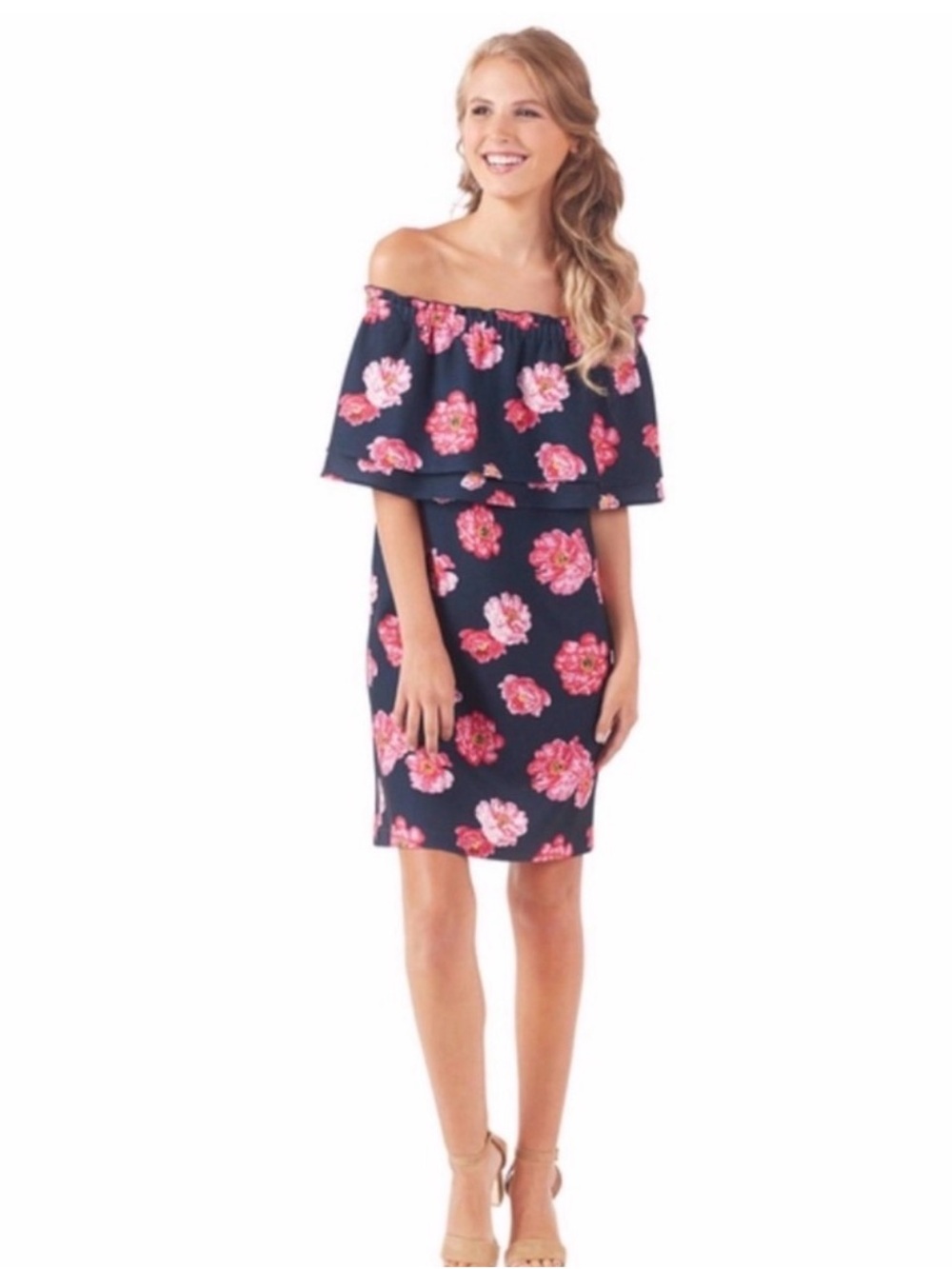 Mud Pie Pippa Off Shoulder Floral Dress Navy Pink Peony Size M